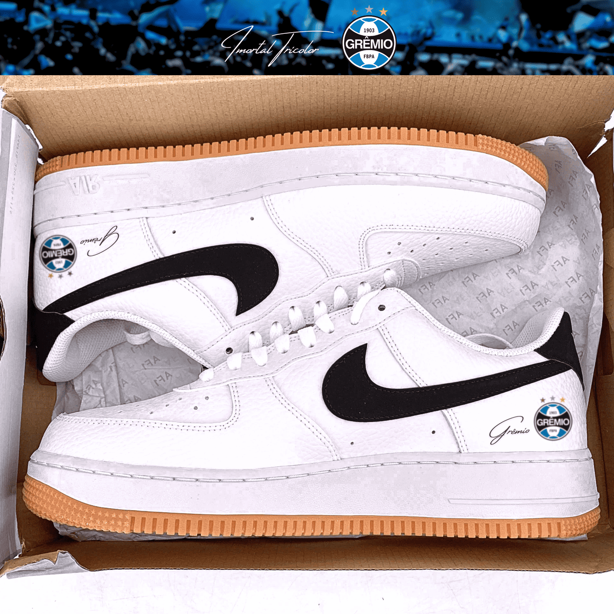 Exclusivo: Tênis Air Force White Black Obsidian Signature Customizado do Grêmio + *BRINDE 1x Caneca Oficial* - EDIÇÃO LIMITADA