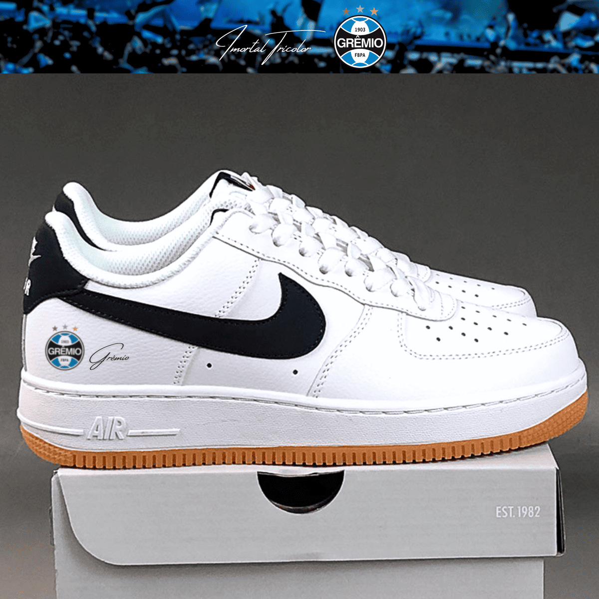 Exclusivo: Tênis Air Force White Black Obsidian Signature Customizado do Grêmio + *BRINDE 1x Caneca Oficial* - EDIÇÃO LIMITADA