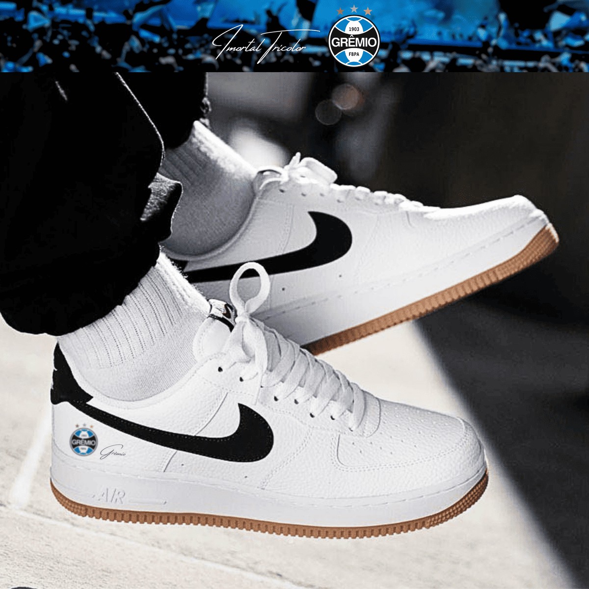 Exclusivo: Tênis Air Force White Black Obsidian Signature Customizado do Grêmio + *BRINDE 1x Caneca Oficial* - EDIÇÃO LIMITADA
