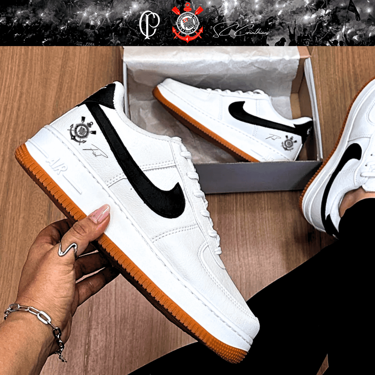 Exclusivo: Tênis Air Force White Black Obsidian Signature Customizado do Timão + *BRINDE 1x Caneca Oficial* - EDIÇÃO LIMITADA