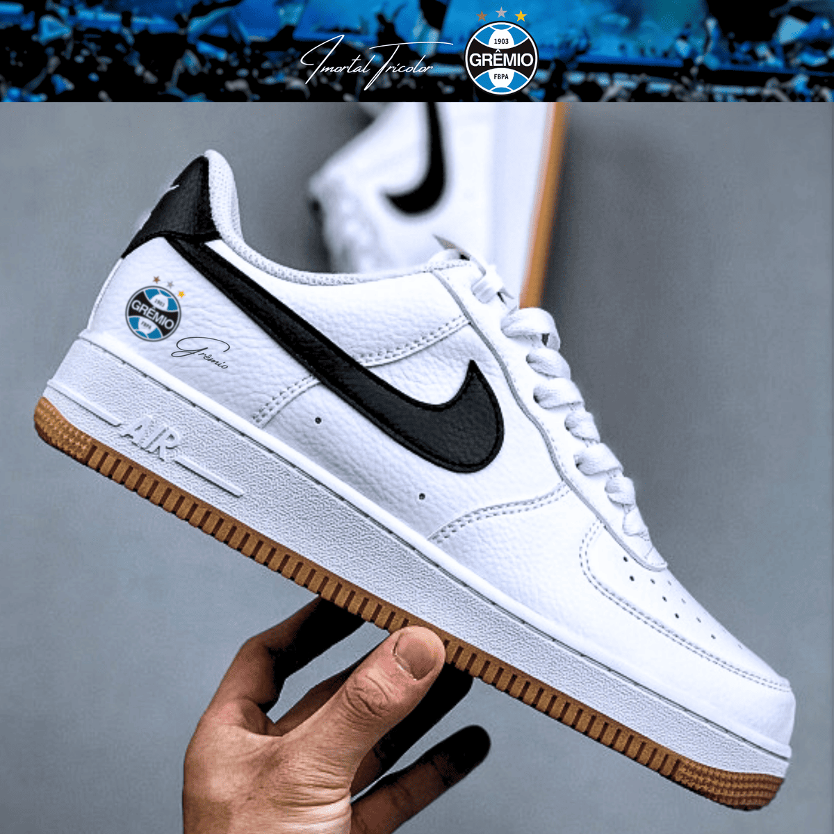 Exclusivo: Tênis Air Force White Black Obsidian Signature Customizado do Grêmio + *BRINDE 1x Caneca Oficial* - EDIÇÃO LIMITADA