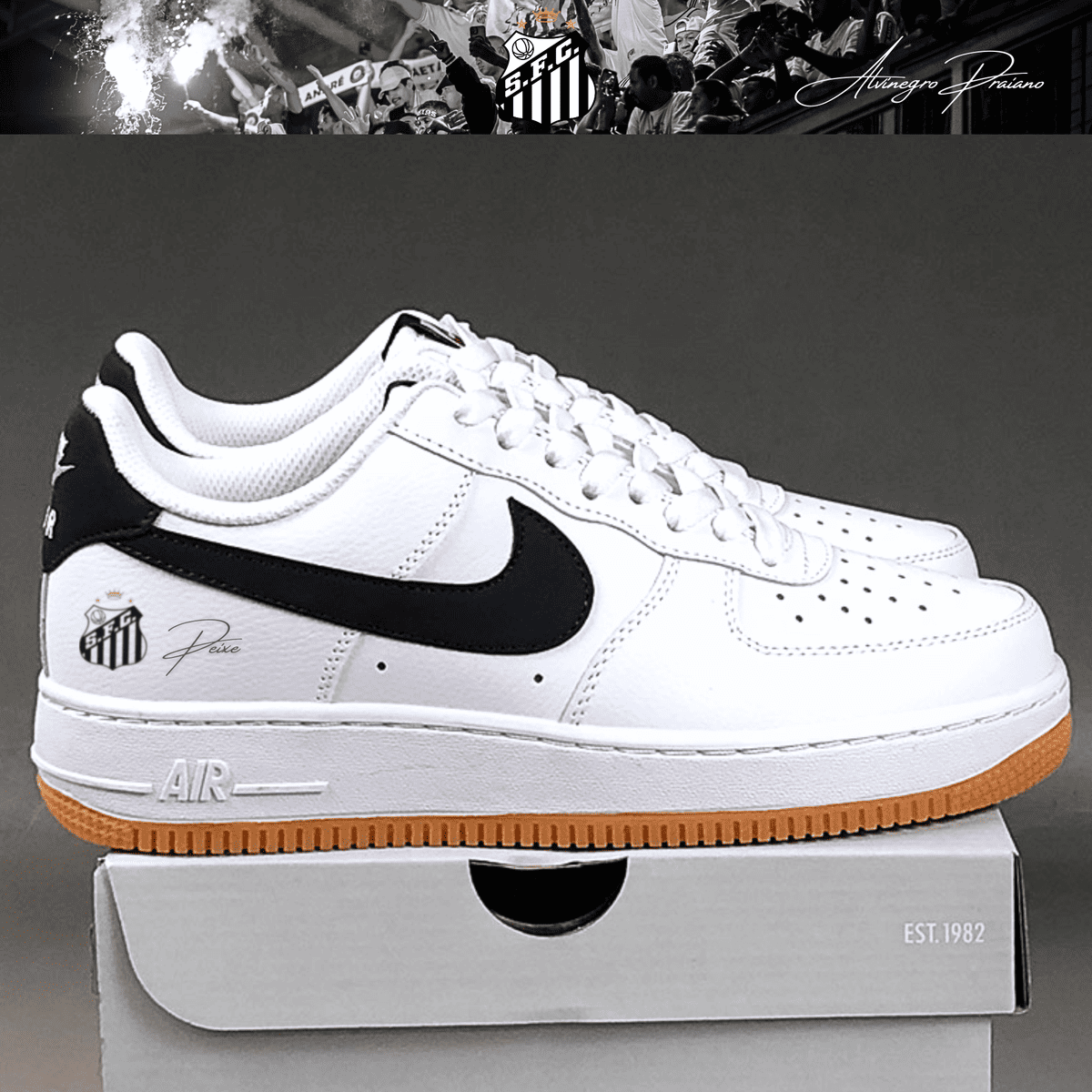 Exclusivo: Tênis Air Force White Black Obsidian Signature Customizado do Santos + *BRINDE 1x Caneca Oficial* - EDIÇÃO LIMITADA